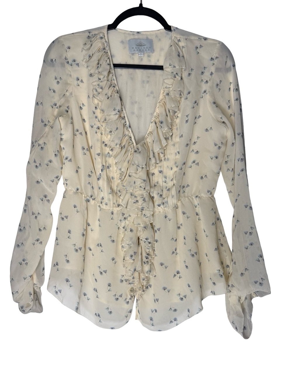 Madison Marcus 100% Silk Blouse Small Ivory Floral Ruffle Pintuck Peplum Boho